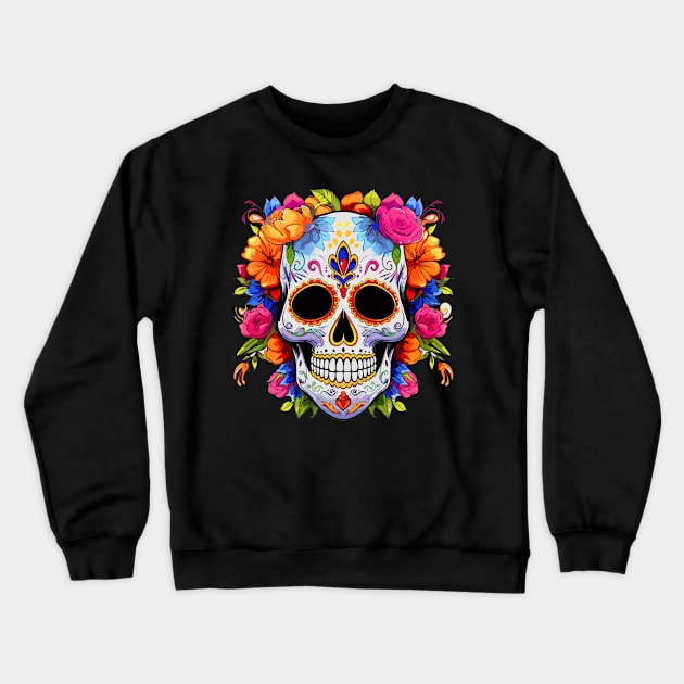 Cute Flowery Sugar Skull Colorful Day of the Dead Crewneck Sweatshirt by albaley